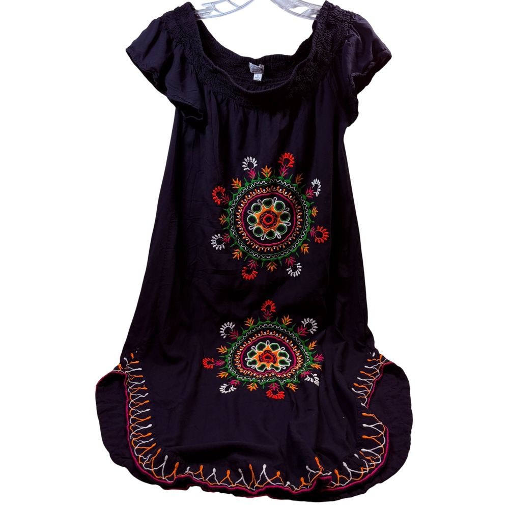 Mud Pie Womens Black Embroidered Floral Medallion Smocked Shift Dress S